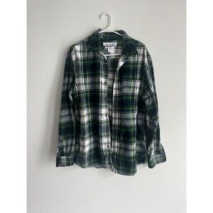 Amazon Essential Shirt Men Large Green White Plaid Long Sleeve Flannel Button Up